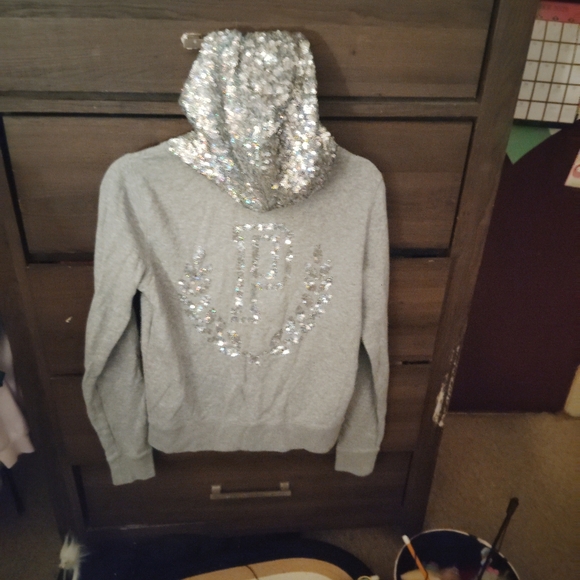 Victoria Secret PINK Gray Sequined Hooded Sweatshirt - RARE Y2K - Picture 12 of 15